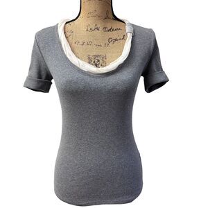 Rivamonti Gray Cotton Blend Knit Top w/Sheer Chiffon Neckline Trim Sz S/XS